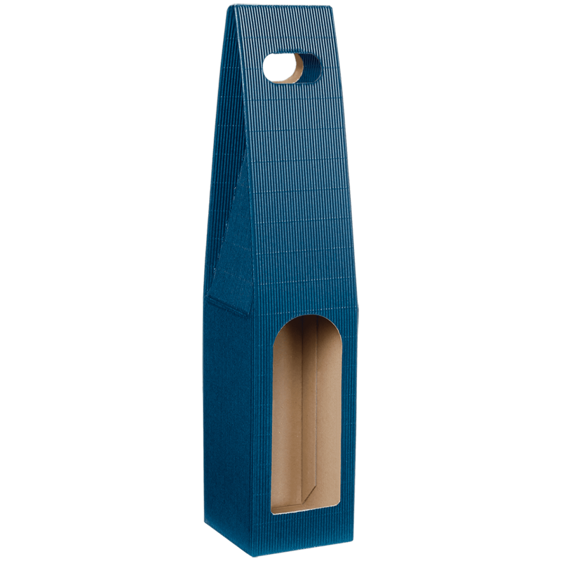 Eleganter Tragekarton mit Sichtfenster in Saphirblau für 0,75 l / 1,0 l Flaschen